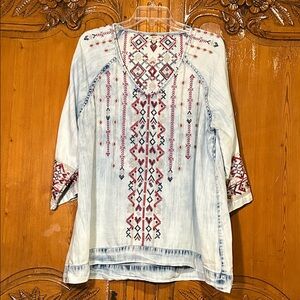 Reba Light Blue Denim Tunic with Red, Navy, Cream Embroidery XL